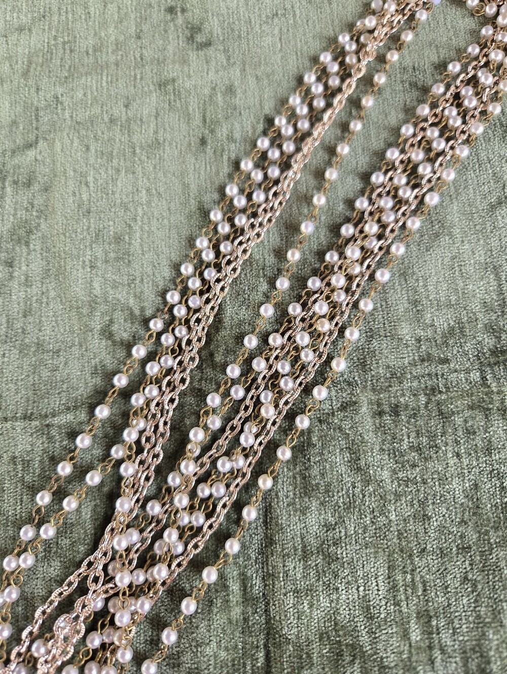 Eighties Multi-Strand Gold Chain Pearl Bead Necklace - Elegant Layered Look